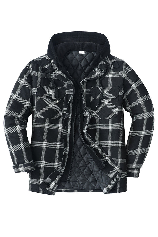 Front view of black men's thicken plaid hooded flannel shirt jacket