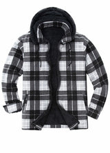 Front view of black men's fleece plaid jacket with removable hood