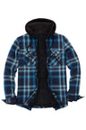 Front view of men's blue navy zipper flannel shirt jacket with hood for men