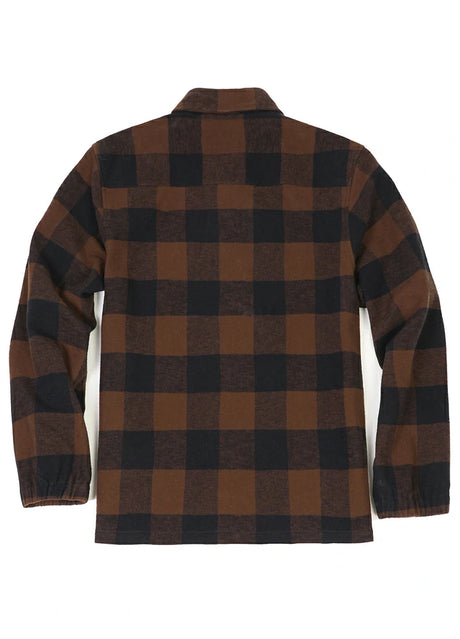 Back view of mocha men's zip up plaid cotton jacket