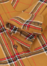 Detailed view of the cuff of sunset plaid men's stalwart cotton flannel plaid shirt