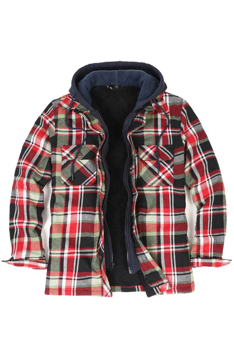 Front view of kelly green men's sherpa lined plaid flannel shacket 