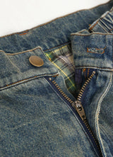 Detailed view of men's flannel lined jeans with smooth zipper