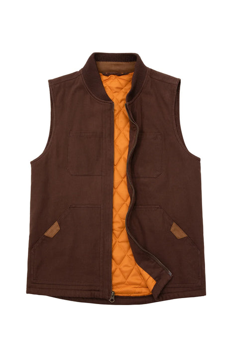 Front view of brown men's quilted lined washed outdoor vest 