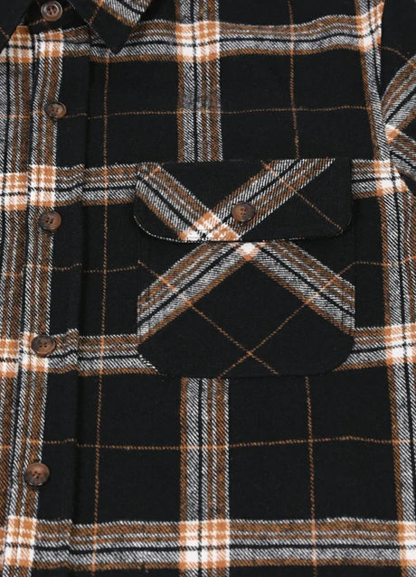 Close-up of the pocket of dark chocolate men's heavyweight flannel plaid shirt