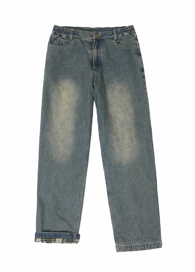 Front view of men's vintage blue flannel lined jeans