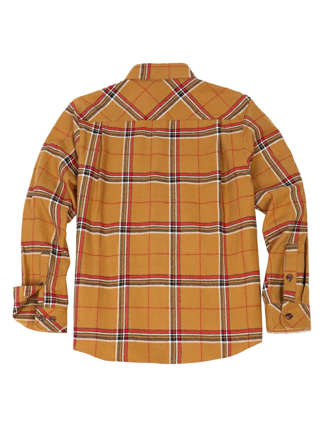 Back view of sunset plaid men's stalwart heavyweight cotton flannel shirt