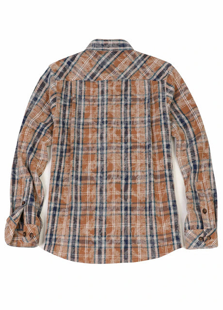 Back view of men's midweight acid washed plaid flannel shirt