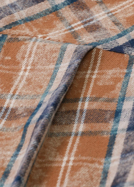 Close-up of men's acid plaid flannel shirt with double back pleats