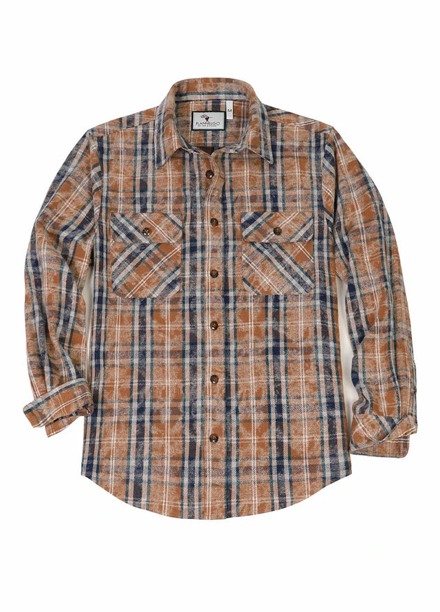 Front view of men's acid washed plaid flannel shirt buttoned