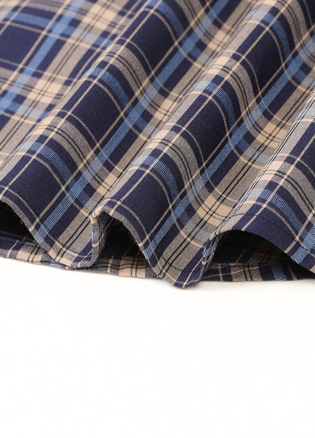 Close-up of the hem of navy clay lightweight checked short sleeve shirt for men