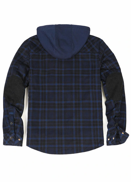 Back view of indigo men's flannel plaid jacket with sherpa lining