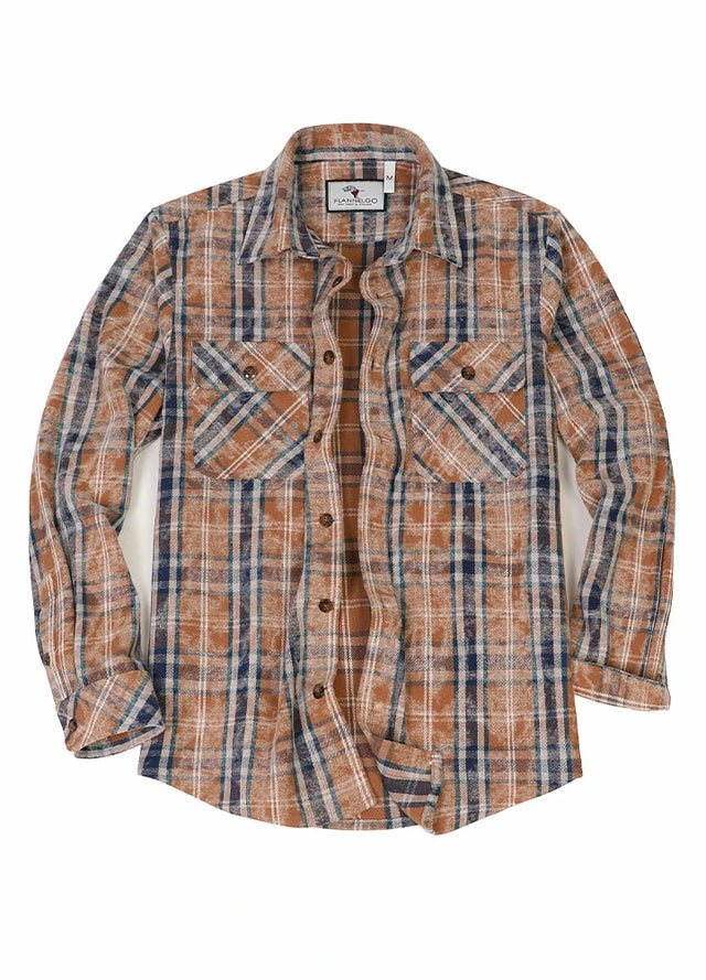 Front view of men's acid washed plaid flannel shirt