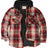 Front view of red men's flannel shacket with quilted lined