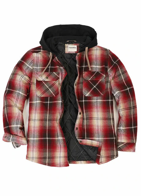 Front view of red men's flannel shacket with quilted lined