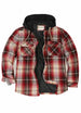 Front view of red men's flannel shacket with quilted lined