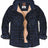 Front view of indigo men's water repellent flannel jacket with hood 