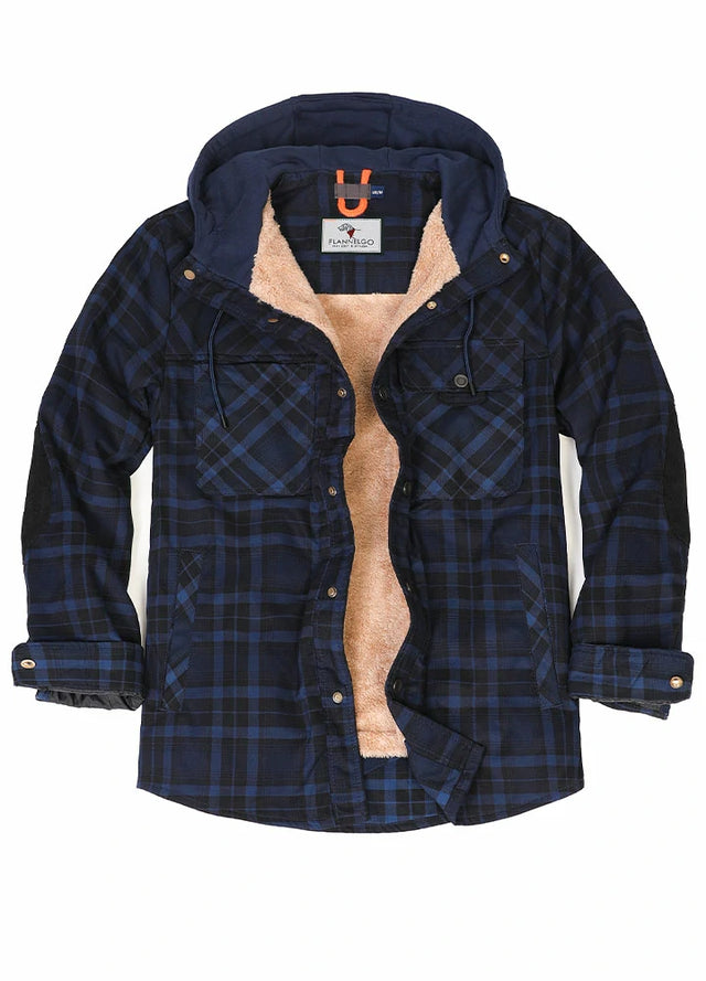 Men's Sherpa Lined Water Repellent Flannel Jacket with Hood,100% Cotton