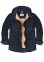 Front view of indigo men's water repellent flannel jacket with hood 