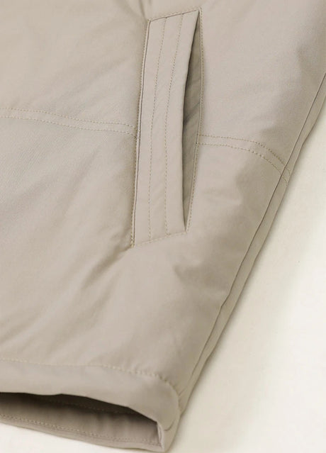 Close-up of the hand pocket of light gray zipper flannel lined puffer vest for men