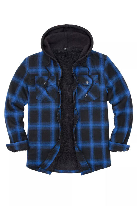 Front view of blue black winter flannel plaid hoodie for men