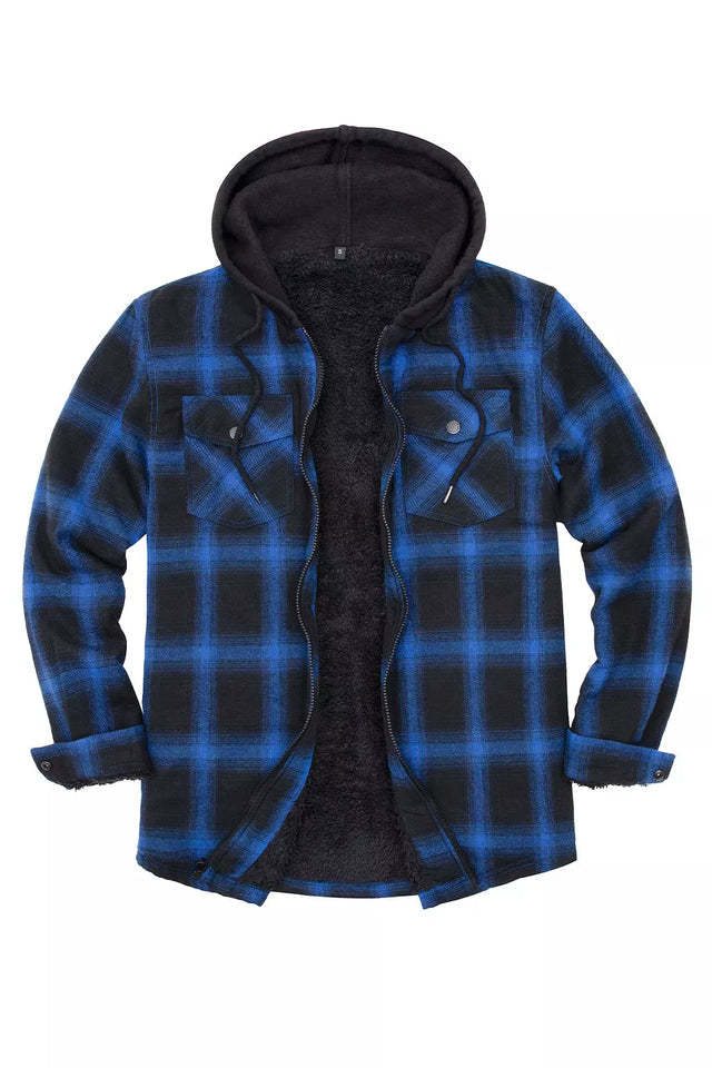 Men's Sherpa Lined Full Zip Up Plaid Flannel Hooded Jacket