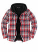  Front view of red men's hooded flannel shirt jacket