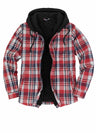  Front view of red men's hooded flannel shirt jacket