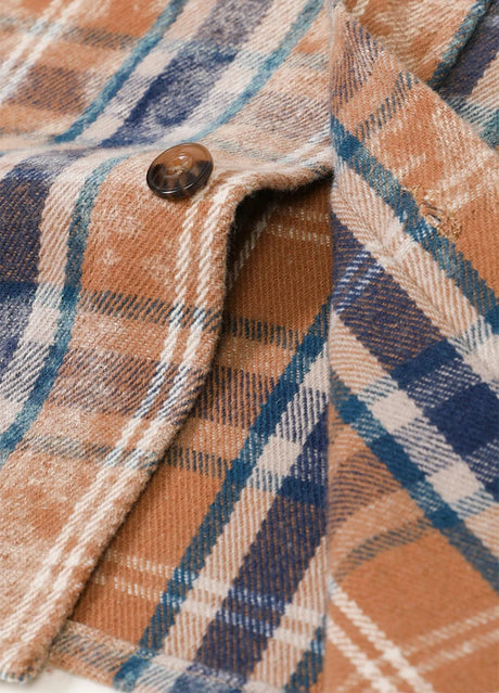 Detailed view of men's acid plaid flannel shirt with button