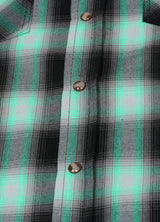 Close-up of the snap button of turquoise men's western plaid vest