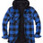 Front view of checkered blue men's sherpa lined flannel jacket with hood