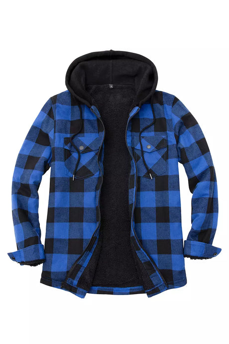 Front view of checkered blue men's sherpa lined flannel jacket with hood