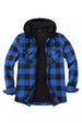 Front view of checkered blue men's sherpa lined flannel jacket with hood