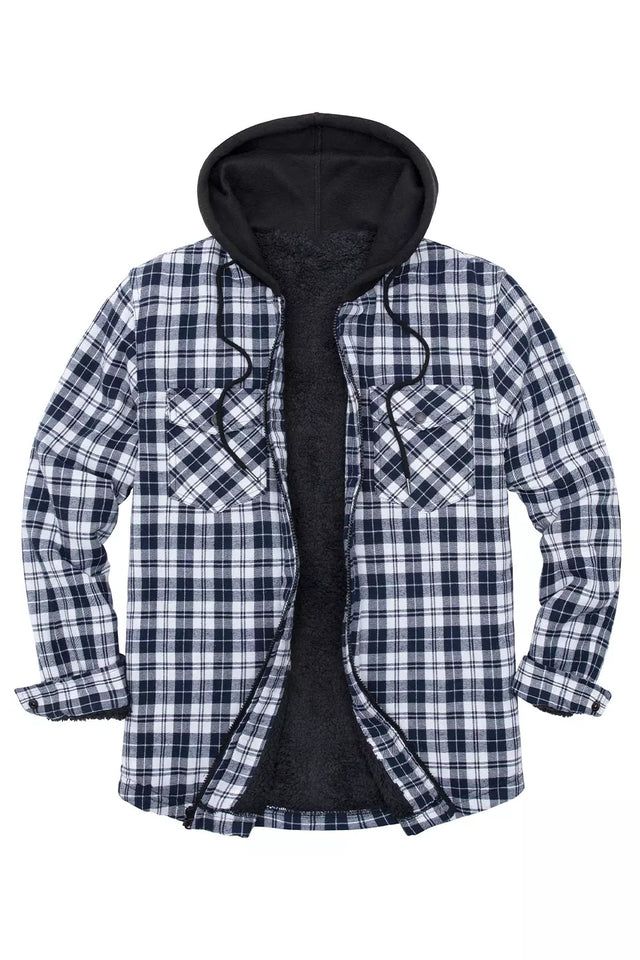 Men's Sherpa Lined Full Zip Up Plaid Flannel Hooded Jacket