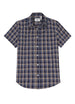 Front view of navy clay men's lightweight plaid short sleeve shirt