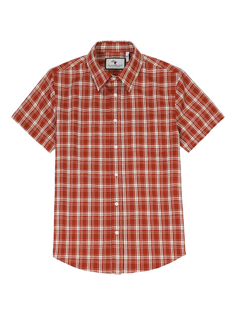 Front view of rust red men's lightweight checked short sleeve shirt