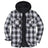 Front view of a black grey men's winter flannel shacket with hood 