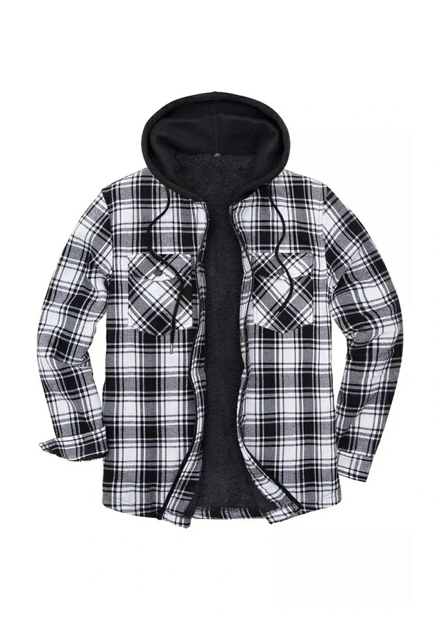 Men's Sherpa Lined Full Zip Up Plaid Flannel Hooded Jacket