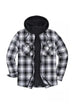 Front view of a black grey men's winter flannel shacket with hood 