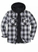 Front view of a black-white cold resistance flannel shacket with hood for men