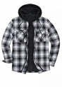 Front view of a black-white cold resistance flannel shacket with hood for men