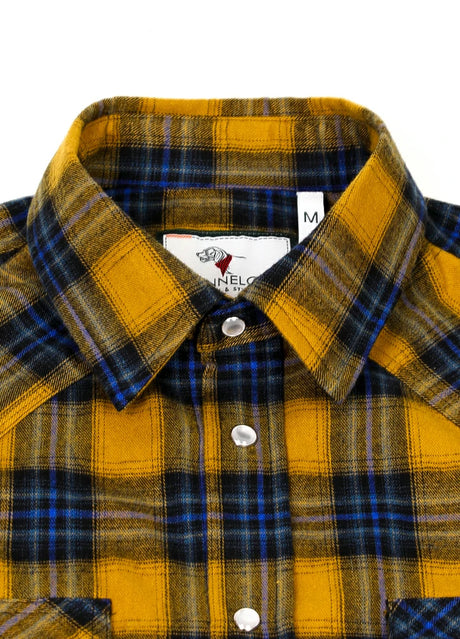 Close-up of the lapel of yellow blue men's warm long sleeve western shirt