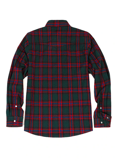 Back view of green christmas men's plaid long sleeve shirt