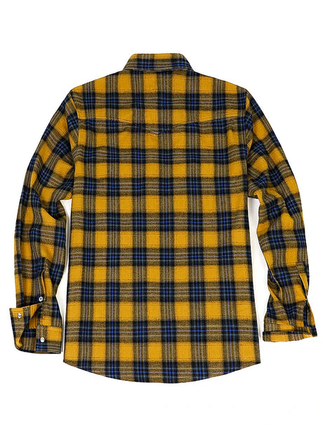 Back view of yellow blue men's plaid long sleeve shirt