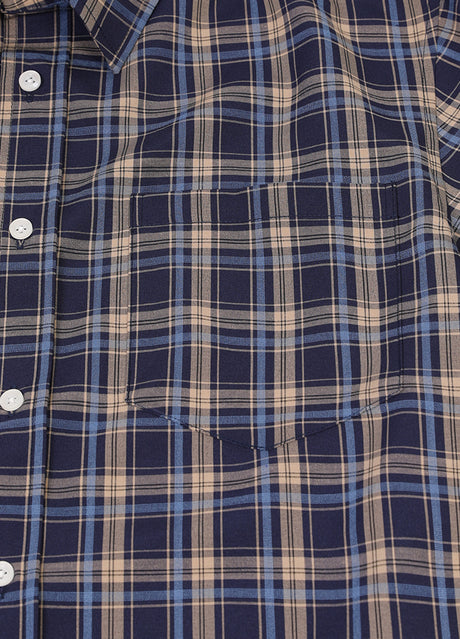 Close-up of the pocket of navy clay men's lightweight checked short sleeve shirt 