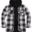 Front view of a checkered grey men's sherpa lined flannel jacket with hood