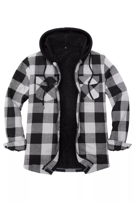 Front view of a checkered grey men's sherpa lined flannel jacket with hood