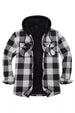 Front view of a checkered grey men's sherpa lined flannel jacket with hood