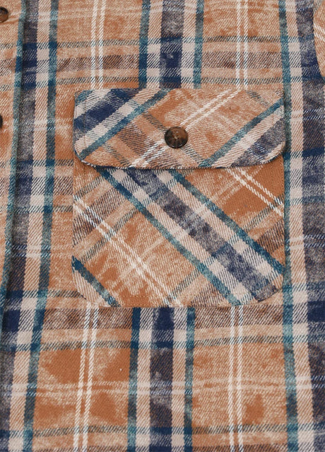 Close-up of front pocket with button on men's acid plaid flannel shirt