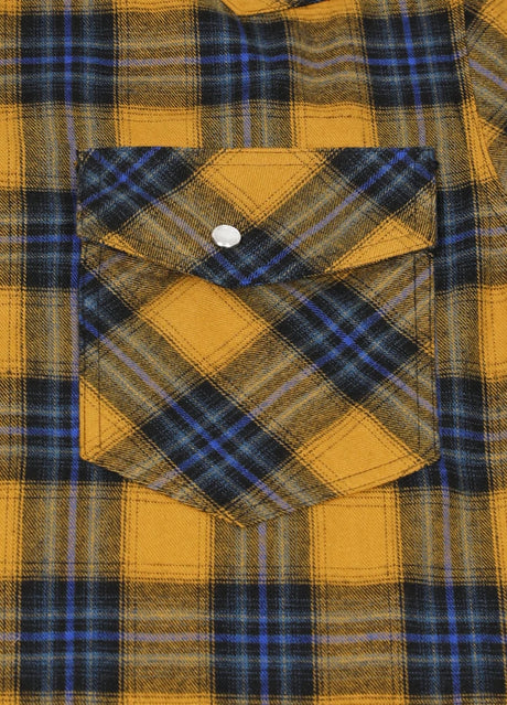 Close-up of the pocket of yellow blue men's snap button long sleeve western shirt